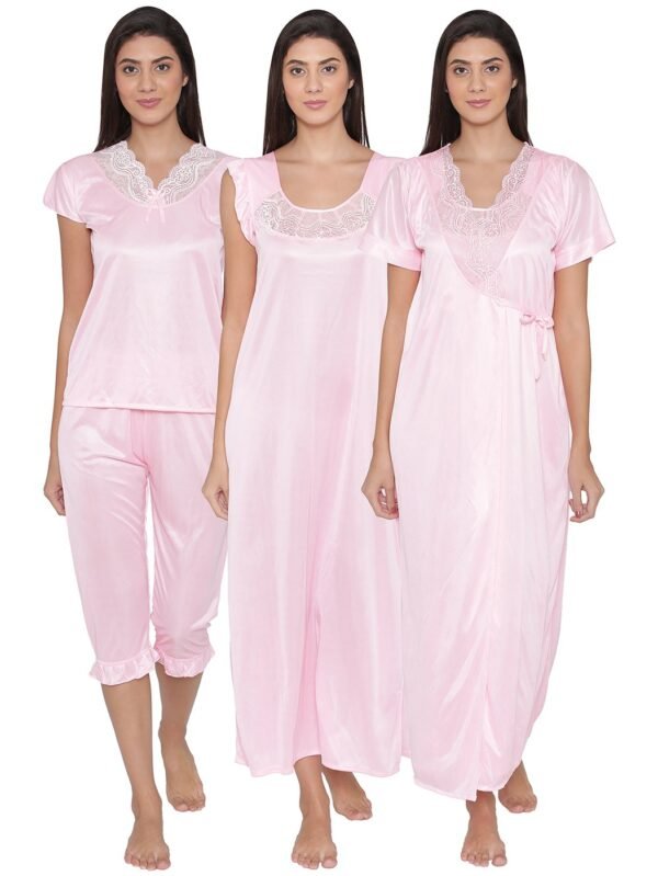 4 Pcs Nightwear Set in Baby Pink- Satin - Free Size