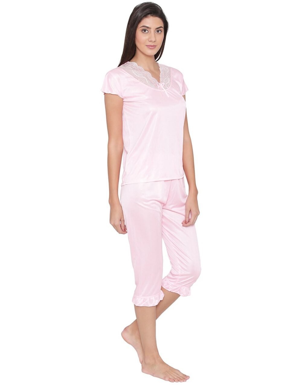 4 Pcs Nightwear Set in Baby Pink- Satin - Image 2