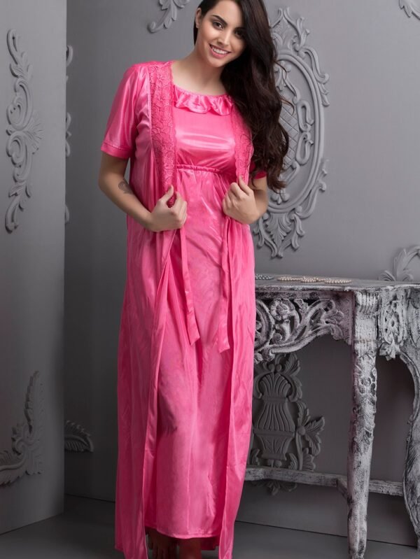 2 Pcs Satin Nightwear Set In Pink- Long Robe & Nightie - Free Size