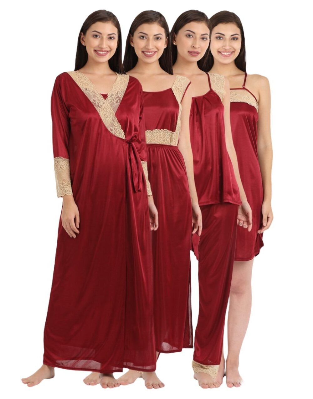 7 Pc Nightwear Set in Maroon - Satin