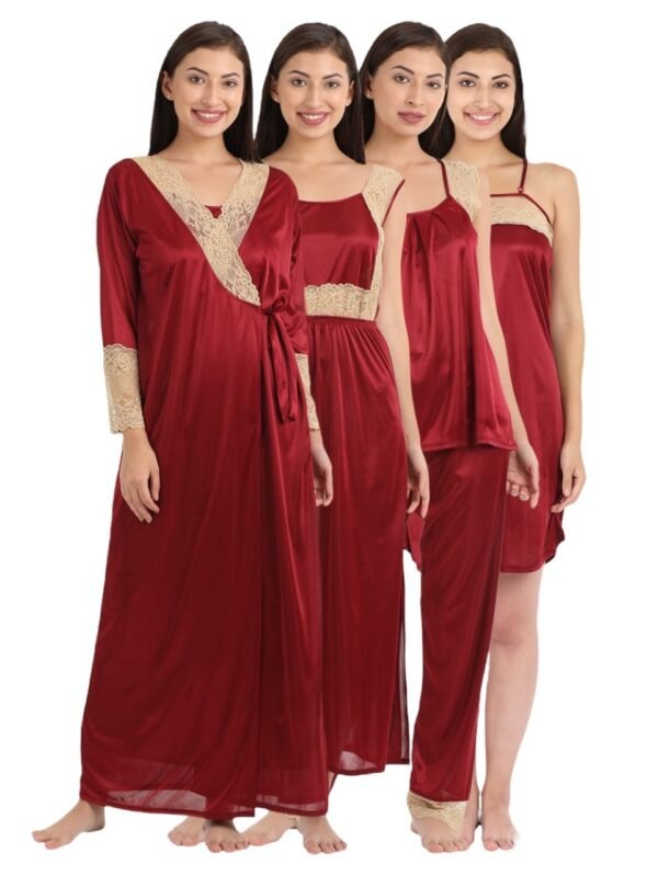 7 Pc Nightwear Set in Maroon - Satin - Free Size
