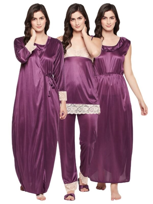 8 Pc Satin Nightwear Set in Purple - Satin