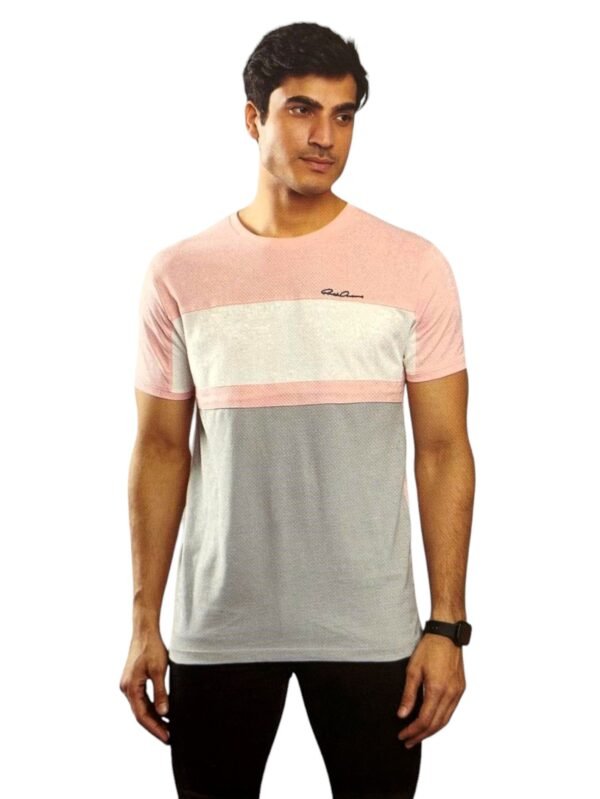 Men's Round Neck Pink and Grey Cotton T-Shirt - 38