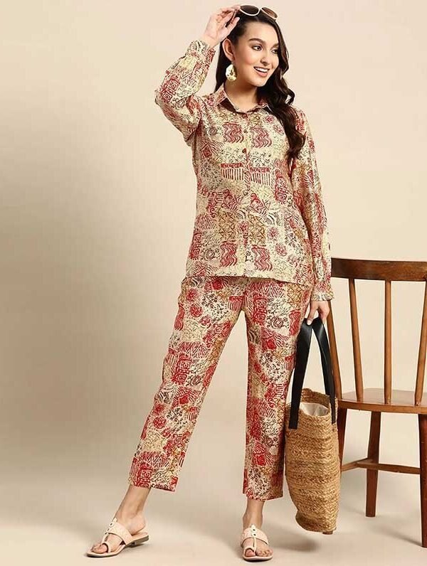 Cream and Red Chanderi Silk Co-ord Set - X-Large