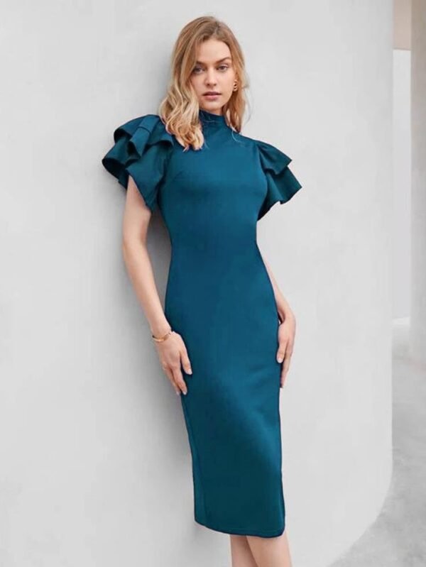 Teal Blue Ruffled Pencil Bodycon - Image 2