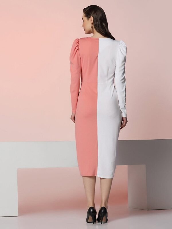 White & Peach Lycra Color Block Bodycon - Image 4