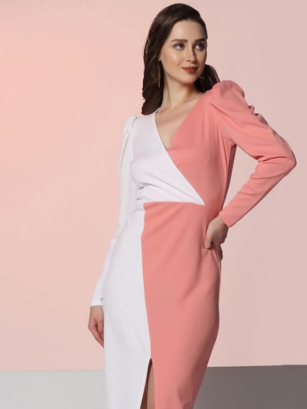 White & Peach Lycra Color Block Bodycon - Image 5
