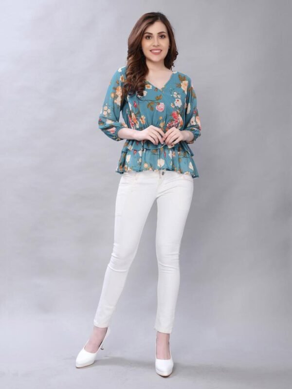 Blooming Teal Coloured Digital Printed Polyester Tops - Image 4