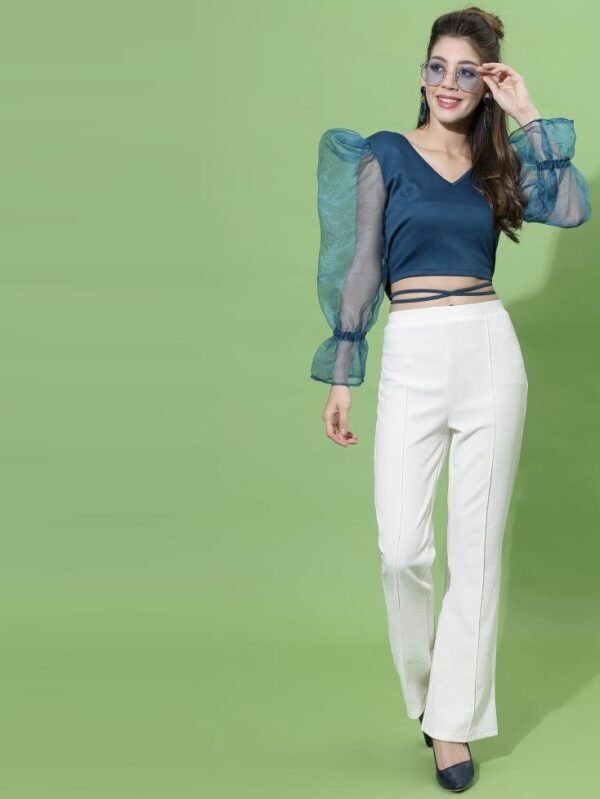 Teal Blue Puff Sleeve With Strap Top - Image 2