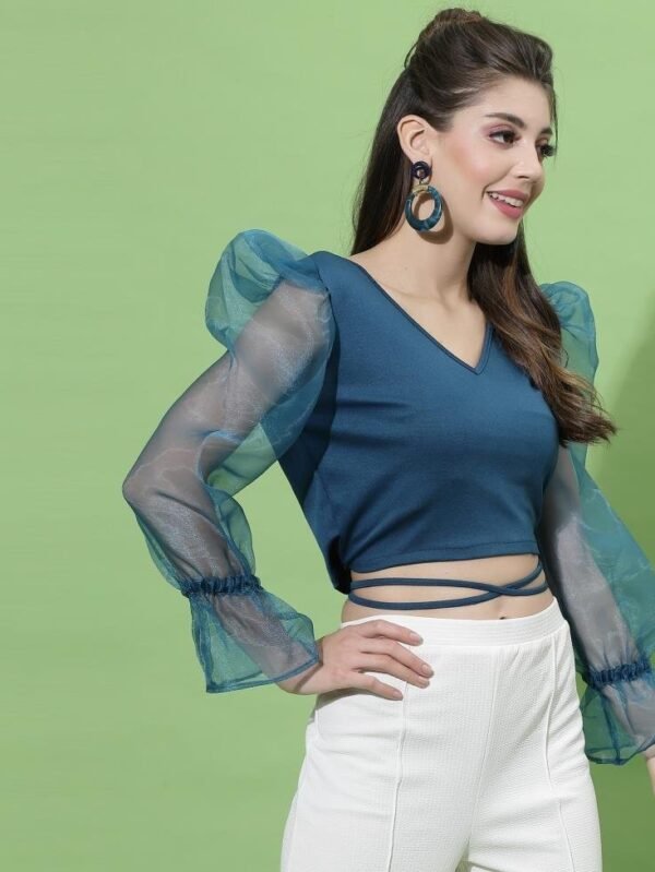 Teal Blue Puff Sleeve With Strap Top - Image 3