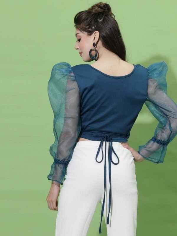 Teal Blue Puff Sleeve With Strap Top - Image 4