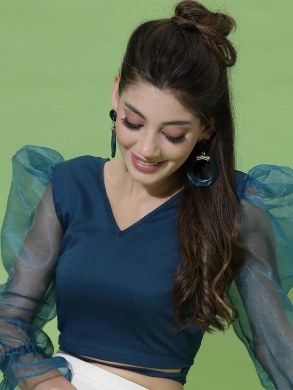 Teal Blue Puff Sleeve With Strap Top - Image 5