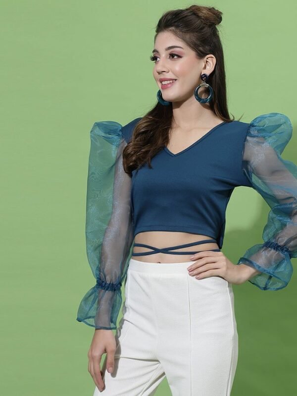 Teal Blue Puff Sleeve With Strap Top - Image 7