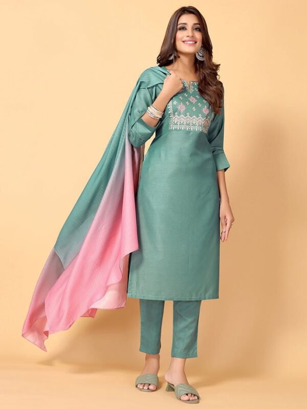 Aqua Blue Kurti With Pant And Dupatta - Large