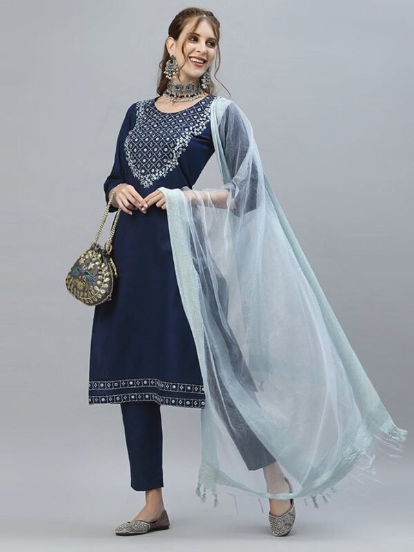 Navy Blue Kurti With Pant And Dupatta - Medium