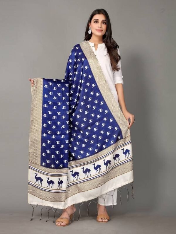Art Silk Geometric Print, Embellished Blue, Beige Women Dupatta
