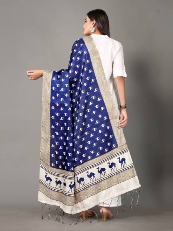 Art Silk Geometric Print, Embellished Blue, Beige Women Dupatta - Image 3