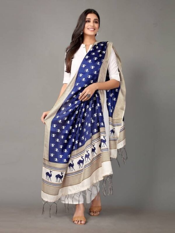 Art Silk Geometric Print, Embellished Blue, Beige Women Dupatta - Image 5